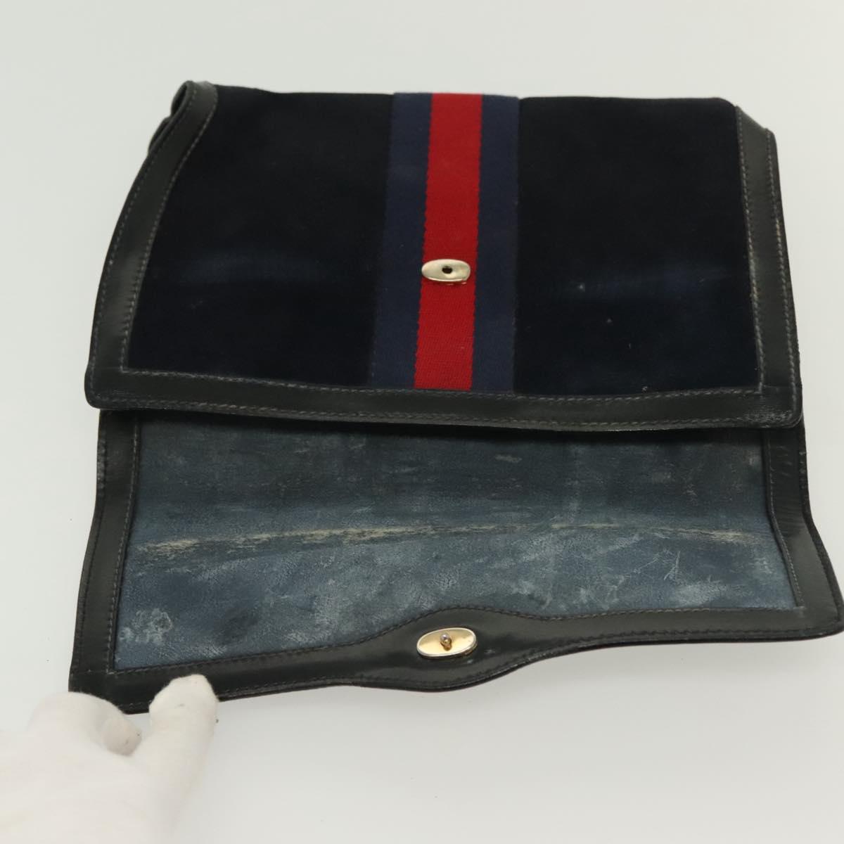 GUCCI Sherry Line Clutch Bag Suede Navy Red gold Auth 137579