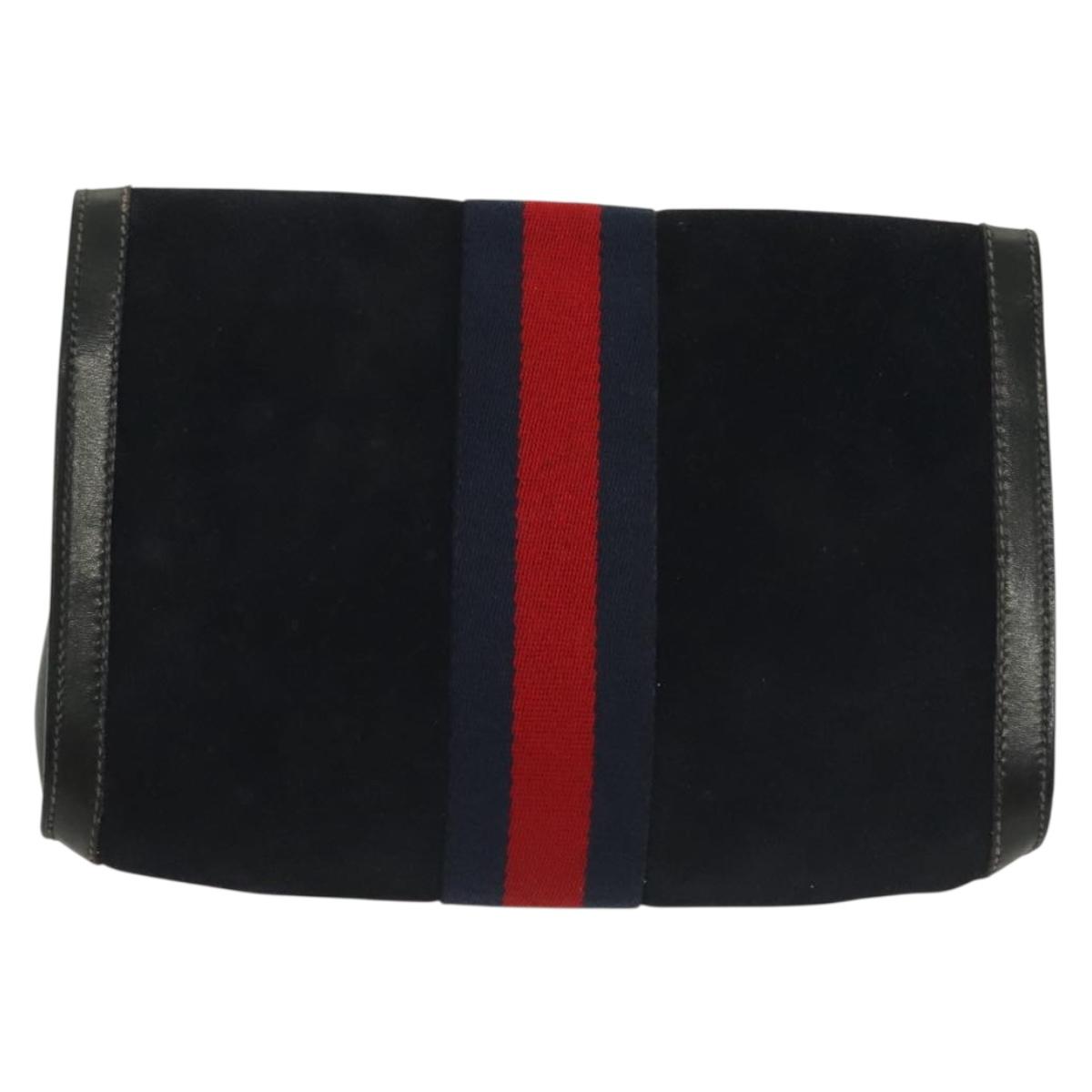 GUCCI Sherry Line Clutch Bag Suede Navy Red gold Auth 137579