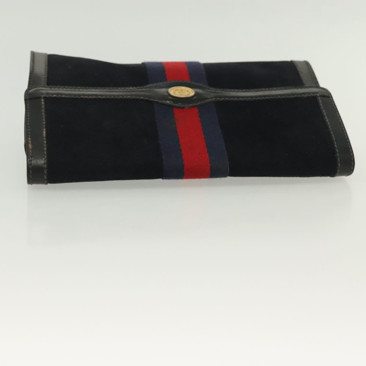 GUCCI Sherry Line Clutch Bag Suede Navy Red gold Auth 137579