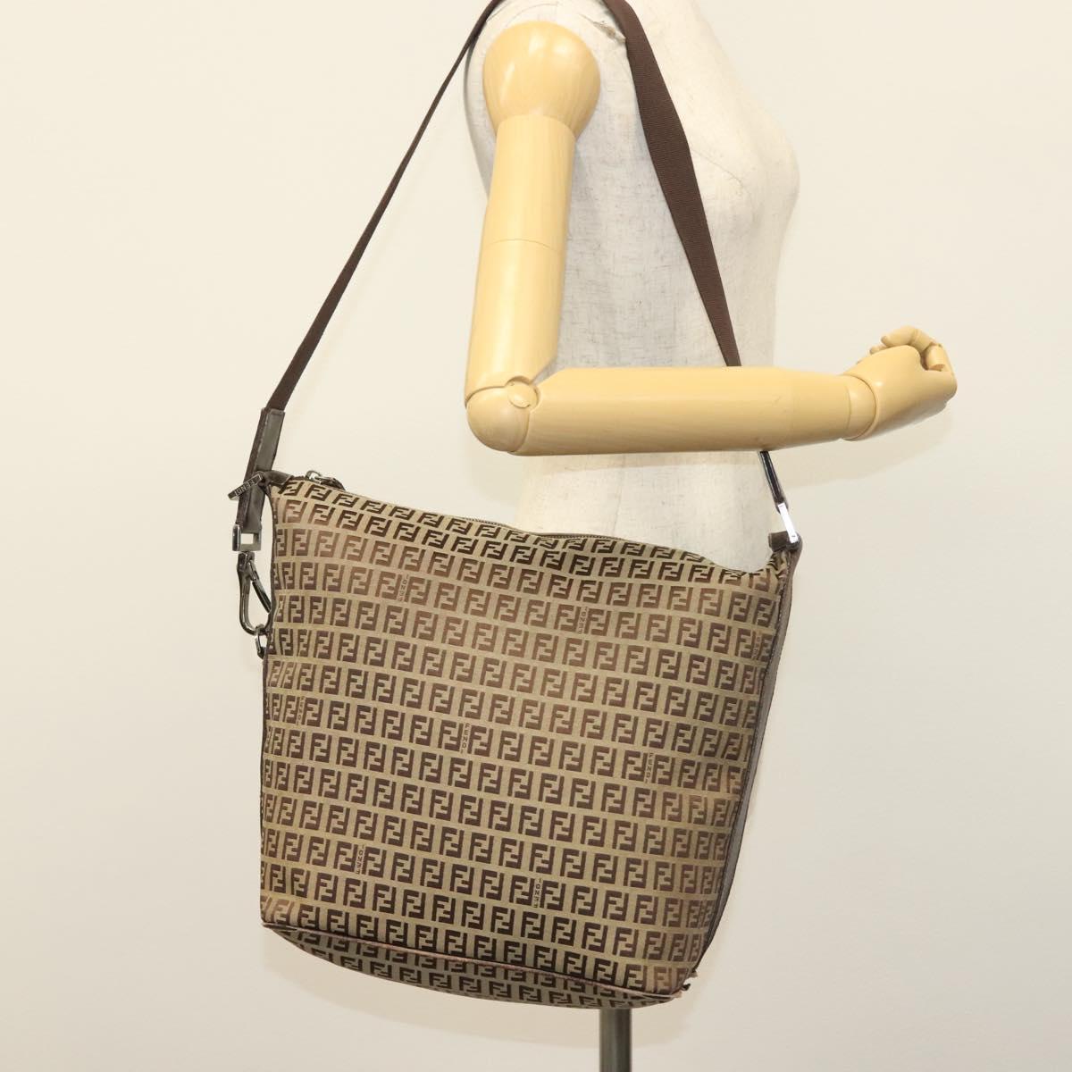 FENDI Zucchino Canvas Shoulder Bag Beige Brown Auth 137627