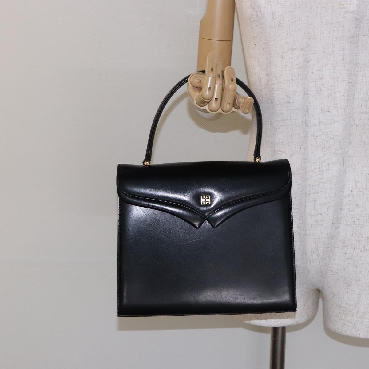 GIVENCHY Hand Bag Leather Black Gold Auth 137645