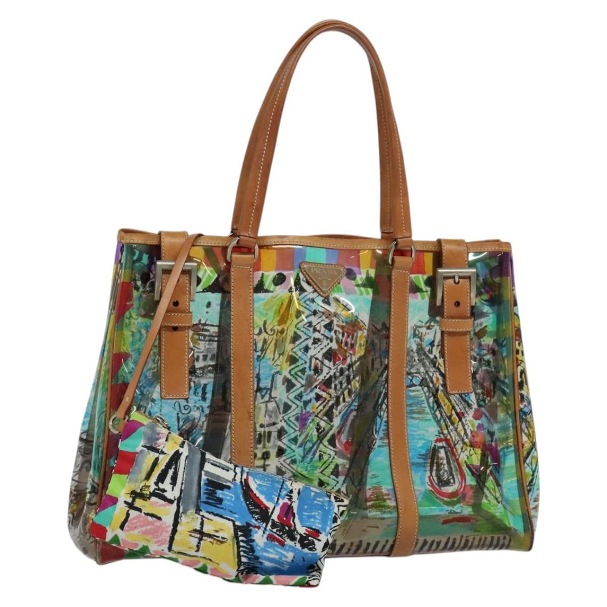 PRADA Tote Bag Vinyl Leather Clear Multicolor Silver BR2515 Auth 137653