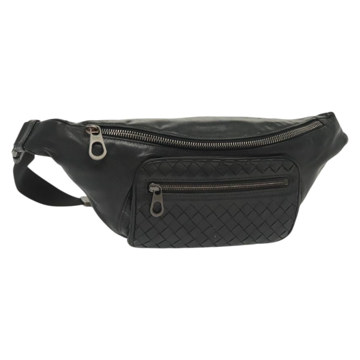 BOTTEGA VENETA INTRECCIATO Waist Bag Leather Black Silver Auth 137678