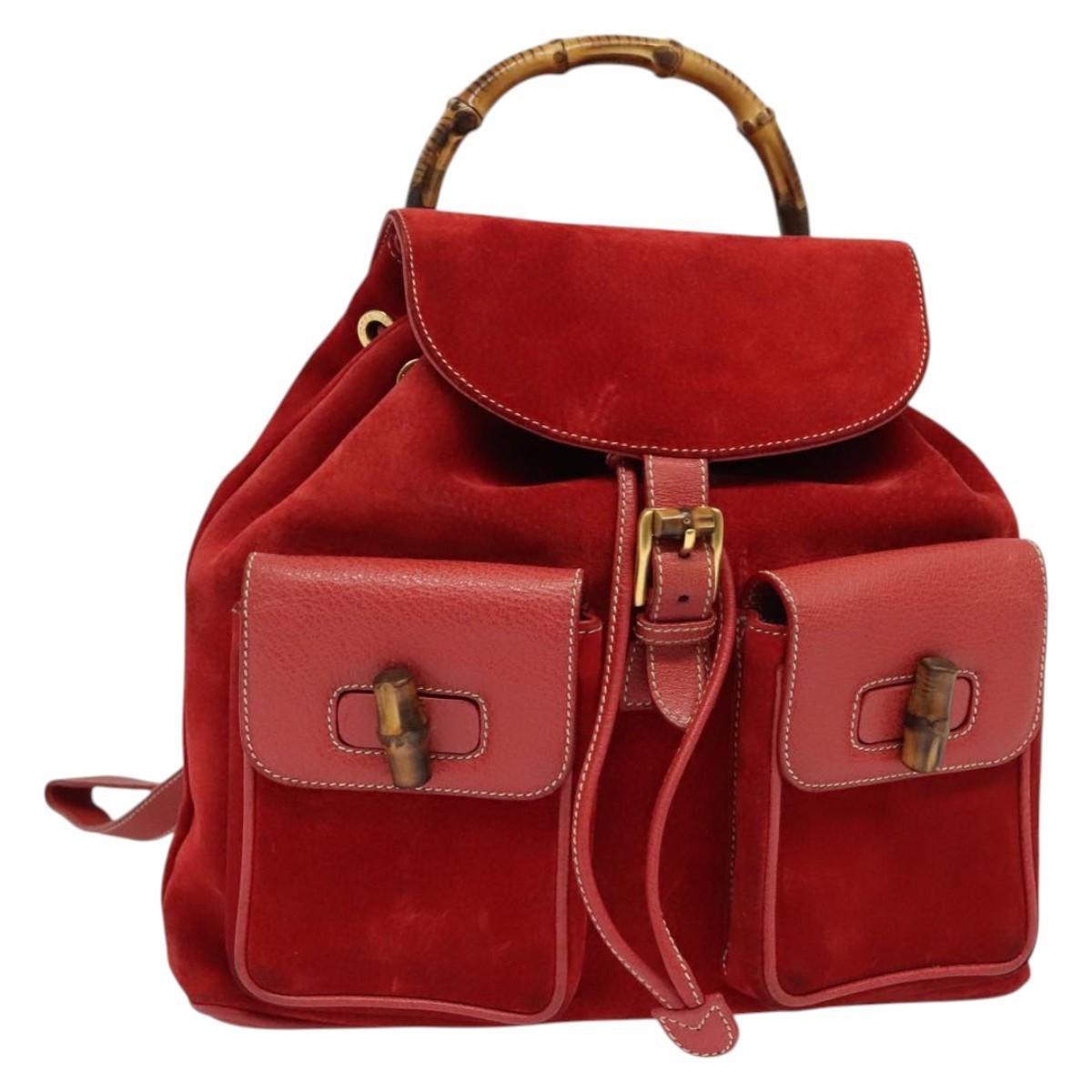 GUCCI Bamboo Backpack Suede Red Gold 003 2058 0016 Auth 137695