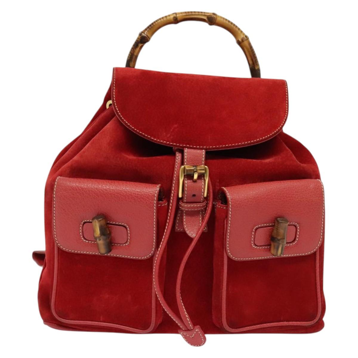 GUCCI Bamboo Backpack Suede Red Gold 003 2058 0016 Auth 137695