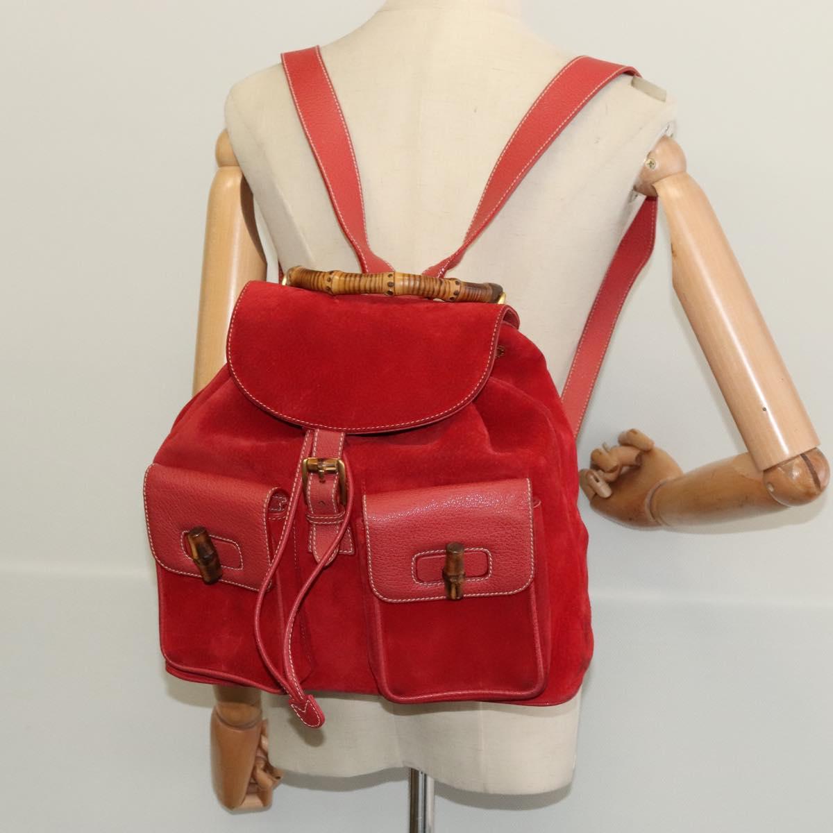 GUCCI Bamboo Backpack Suede Red Gold 003 2058 0016 Auth 137695