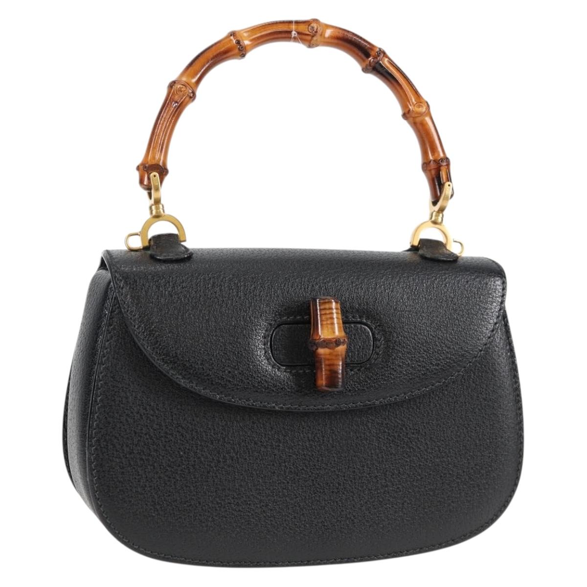 GUCCI Bamboo Hand Bag Leather Black Gold 001 1781 1577 0 Auth 137706A