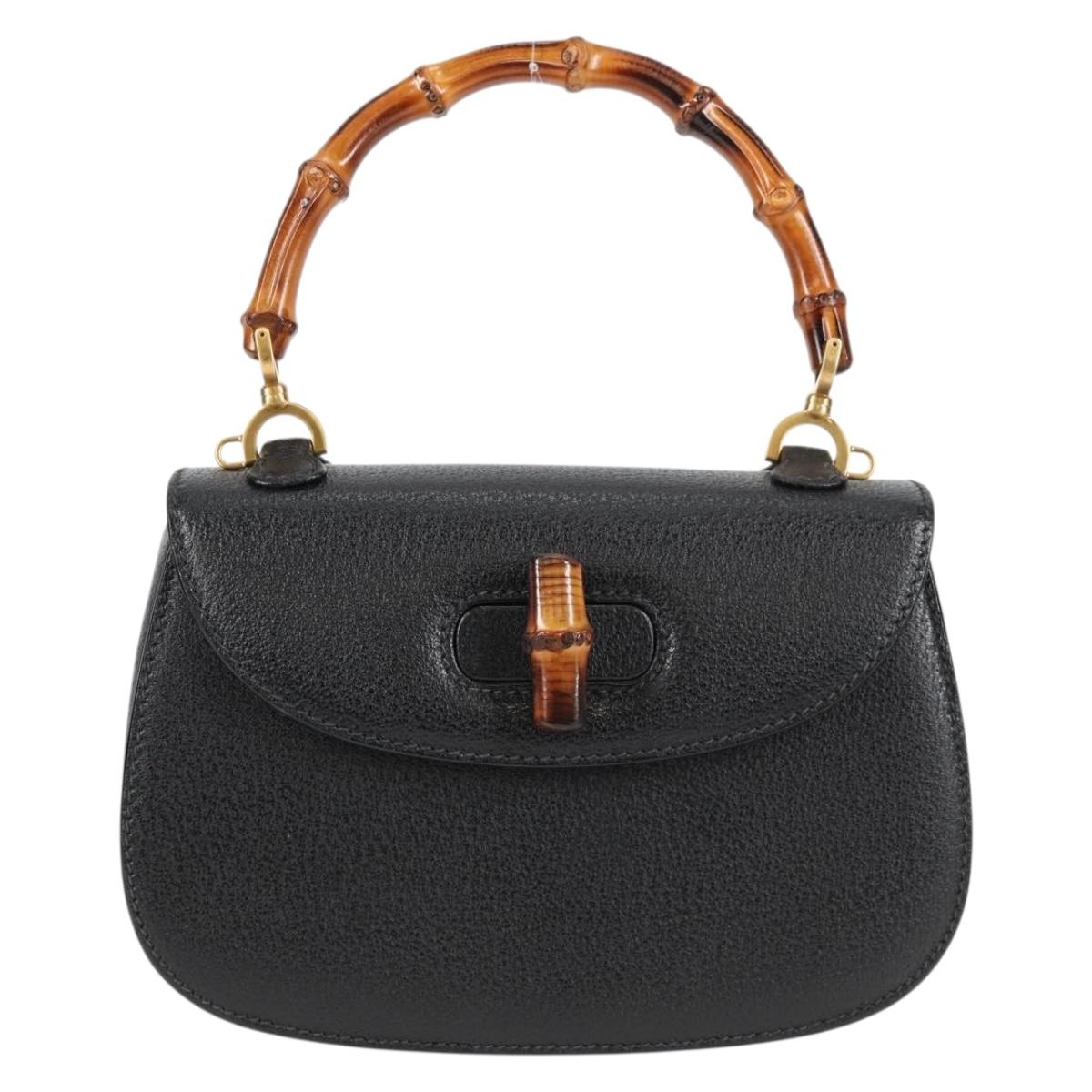 GUCCI Bamboo Hand Bag Leather Black Gold 001 1781 1577 0 Auth 137706A