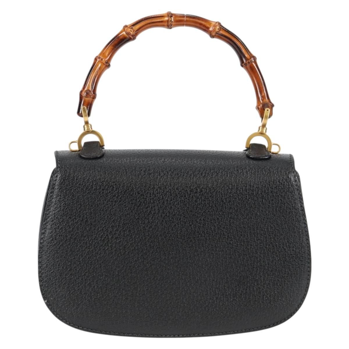 GUCCI Bamboo Hand Bag Leather Black Gold 001 1781 1577 0 Auth 137706A