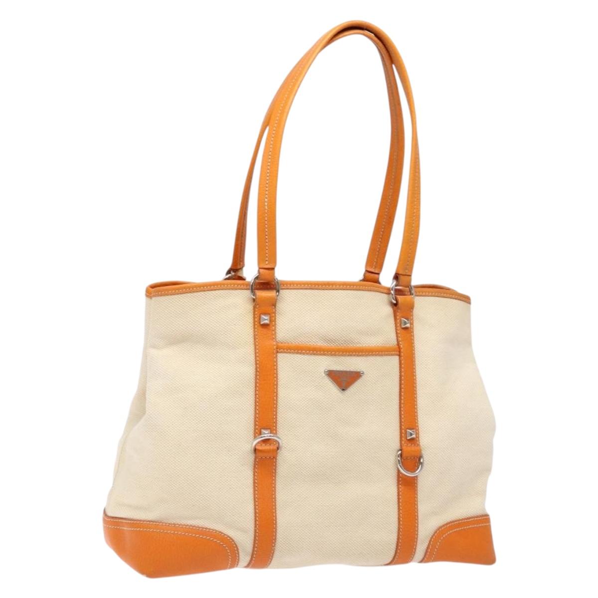 PRADA Hand Bag Canvas Beige Silver Auth 137717