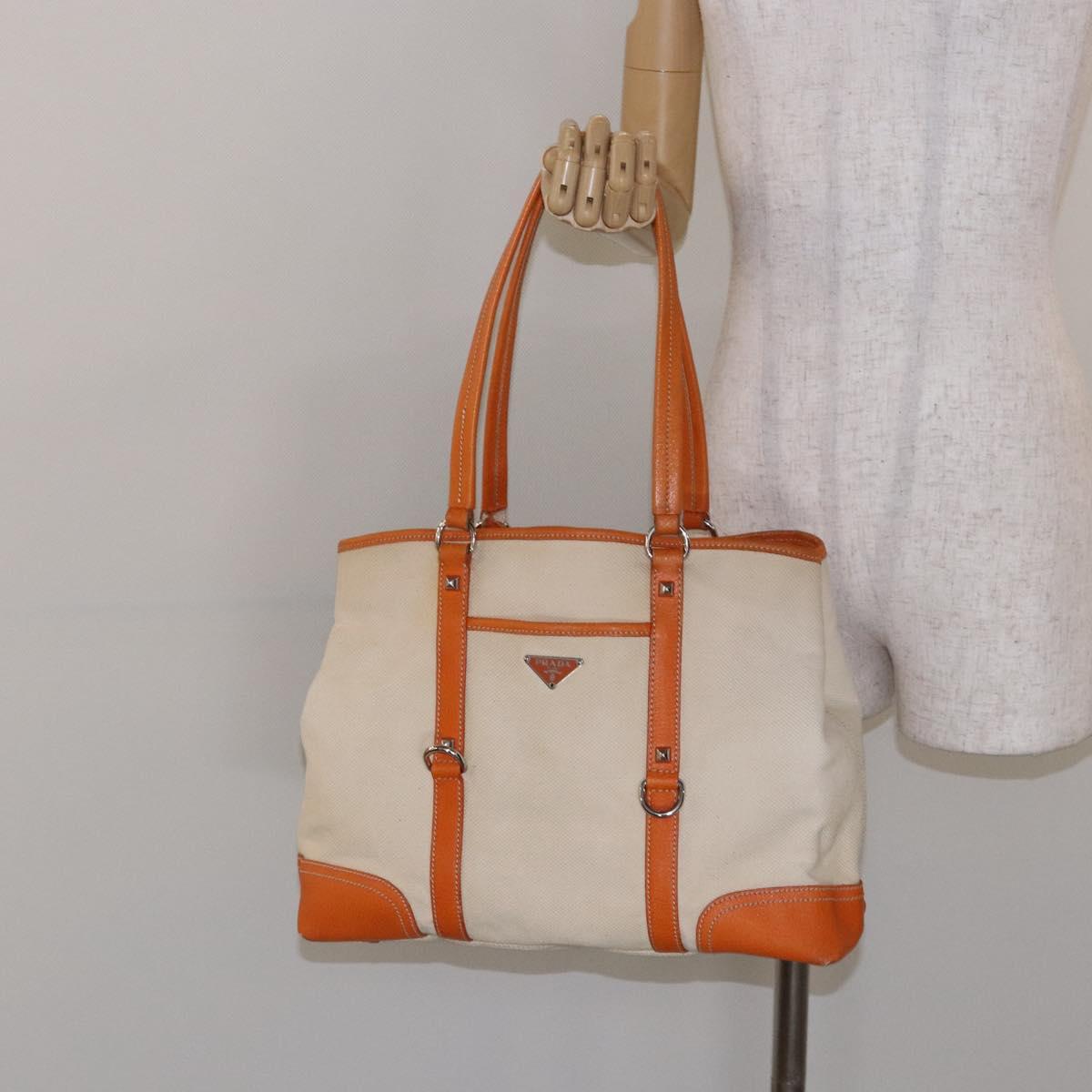 PRADA Hand Bag Canvas Beige Silver Auth 137717