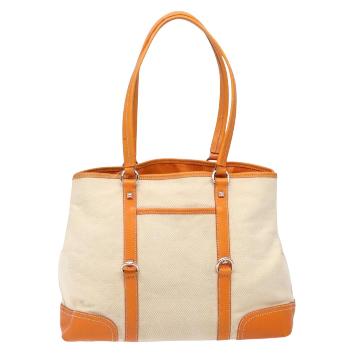 PRADA Hand Bag Canvas Beige Silver Auth 137717