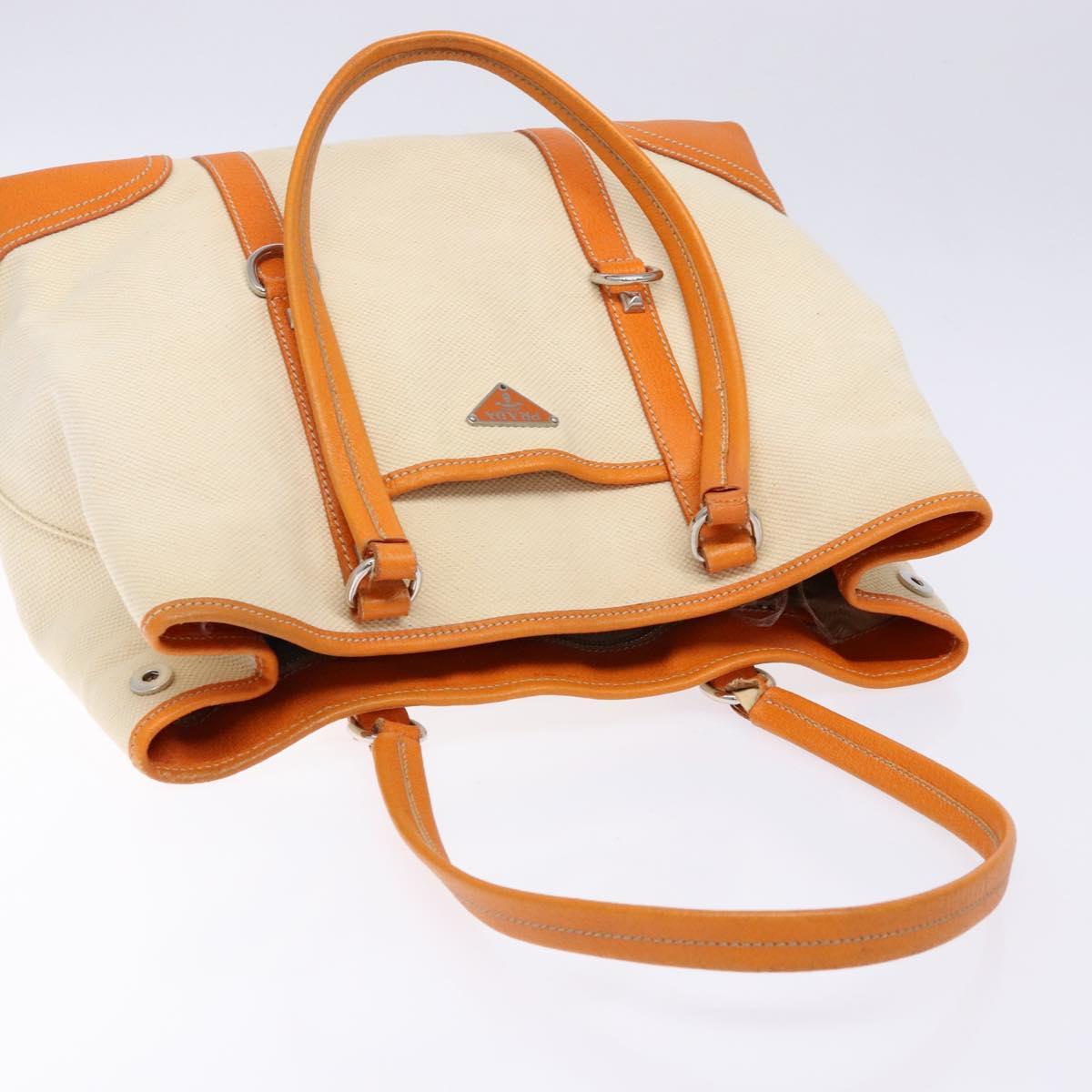 PRADA Hand Bag Canvas Beige Silver Auth 137717