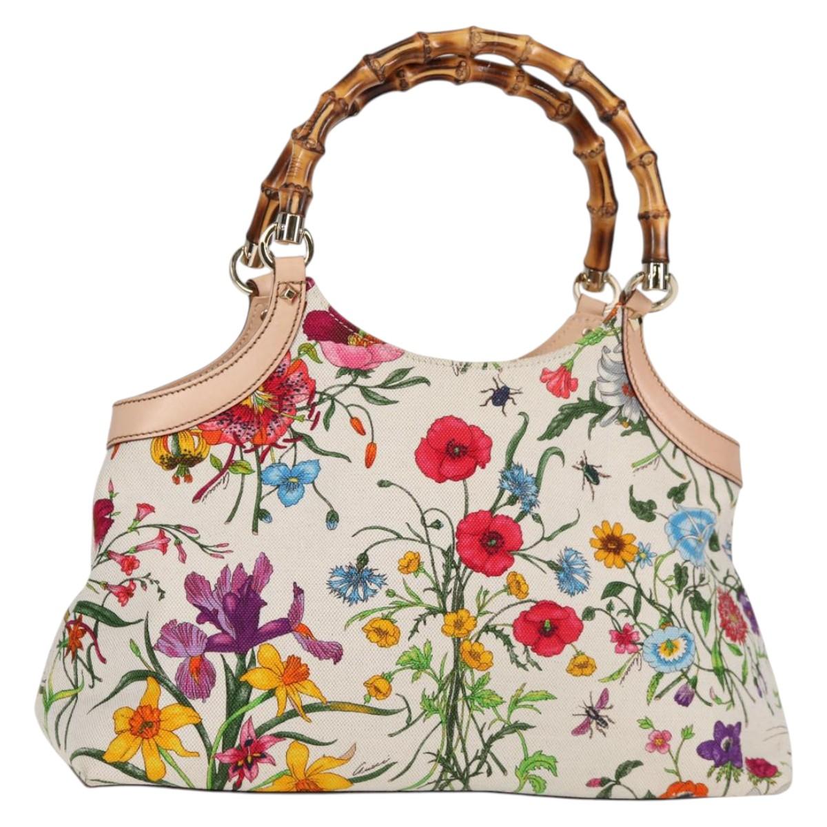 GUCCI Bamboo Flora Shoulder Bag Canvas Multicolor Gold 137395 Auth 137847A
