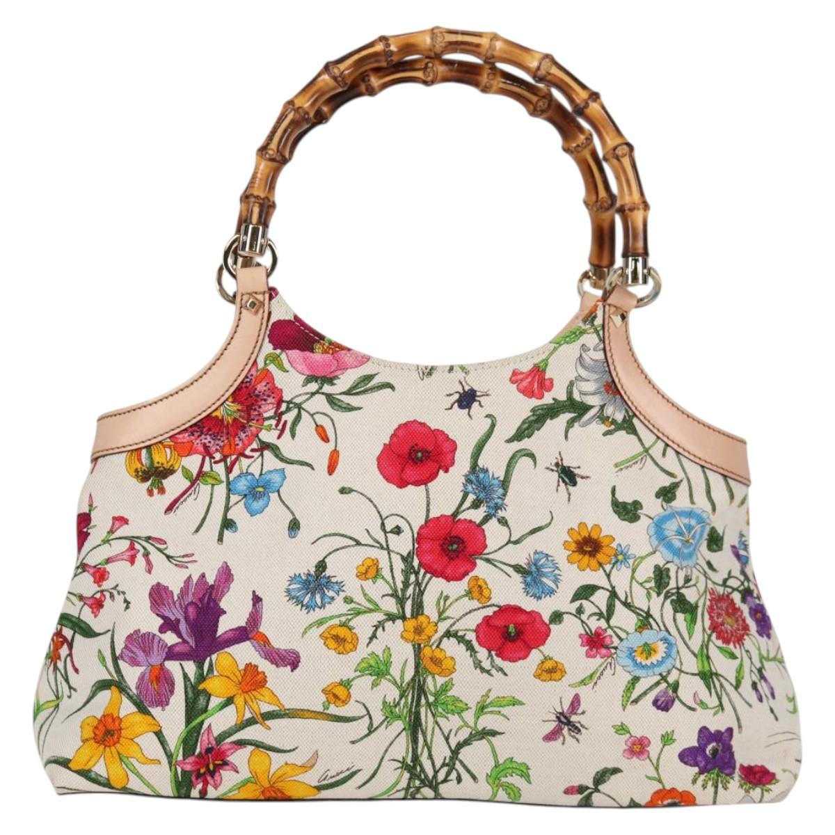 GUCCI Bamboo Flora Shoulder Bag Canvas Multicolor Gold 137395 Auth 137847A