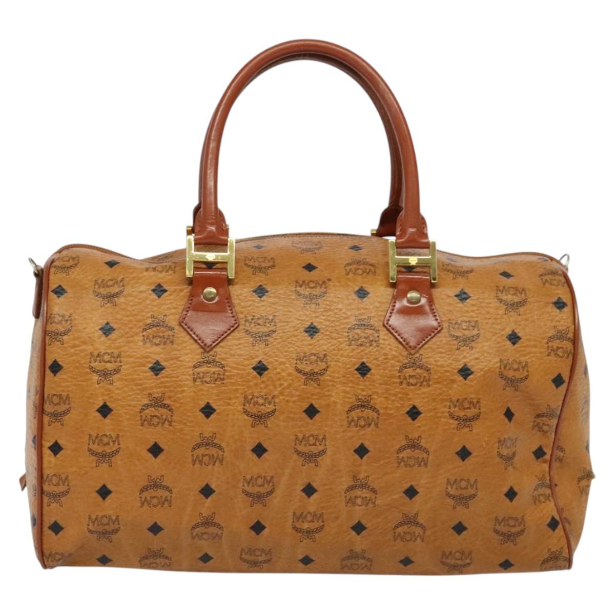 MCM Logogram Vicetos Boston Bag PVC Leather Brown Gold Auth 137869