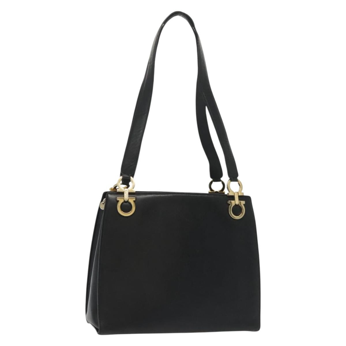 Salvatore Ferragamo Gancini Shoulder Bag Leather Black Gold Auth 137871