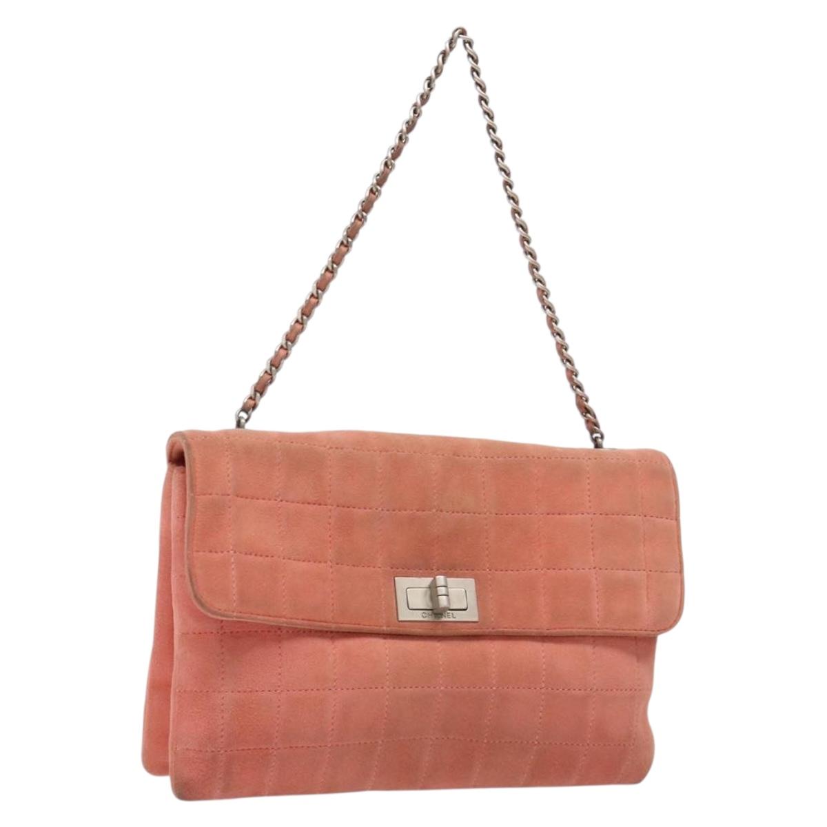 CHANEL Chain 2.55 Choco Bar Shoulder Bag Suede Pink Silver CC Auth 137890