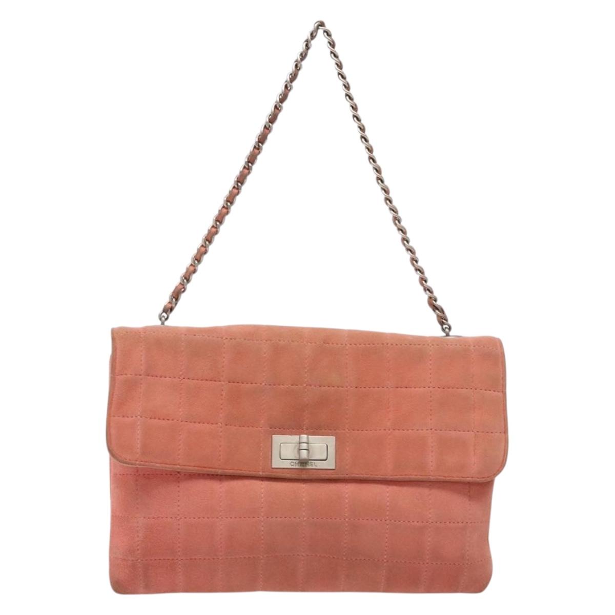 CHANEL Chain 2.55 Choco Bar Shoulder Bag Suede Pink Silver CC Auth 137890