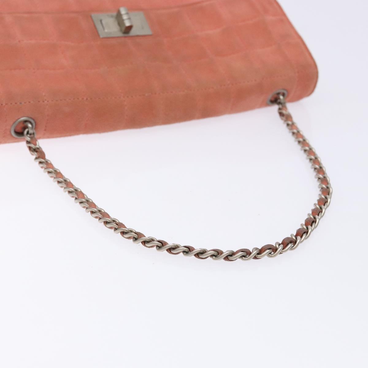 CHANEL Chain 2.55 Choco Bar Shoulder Bag Suede Pink Silver CC Auth 137890