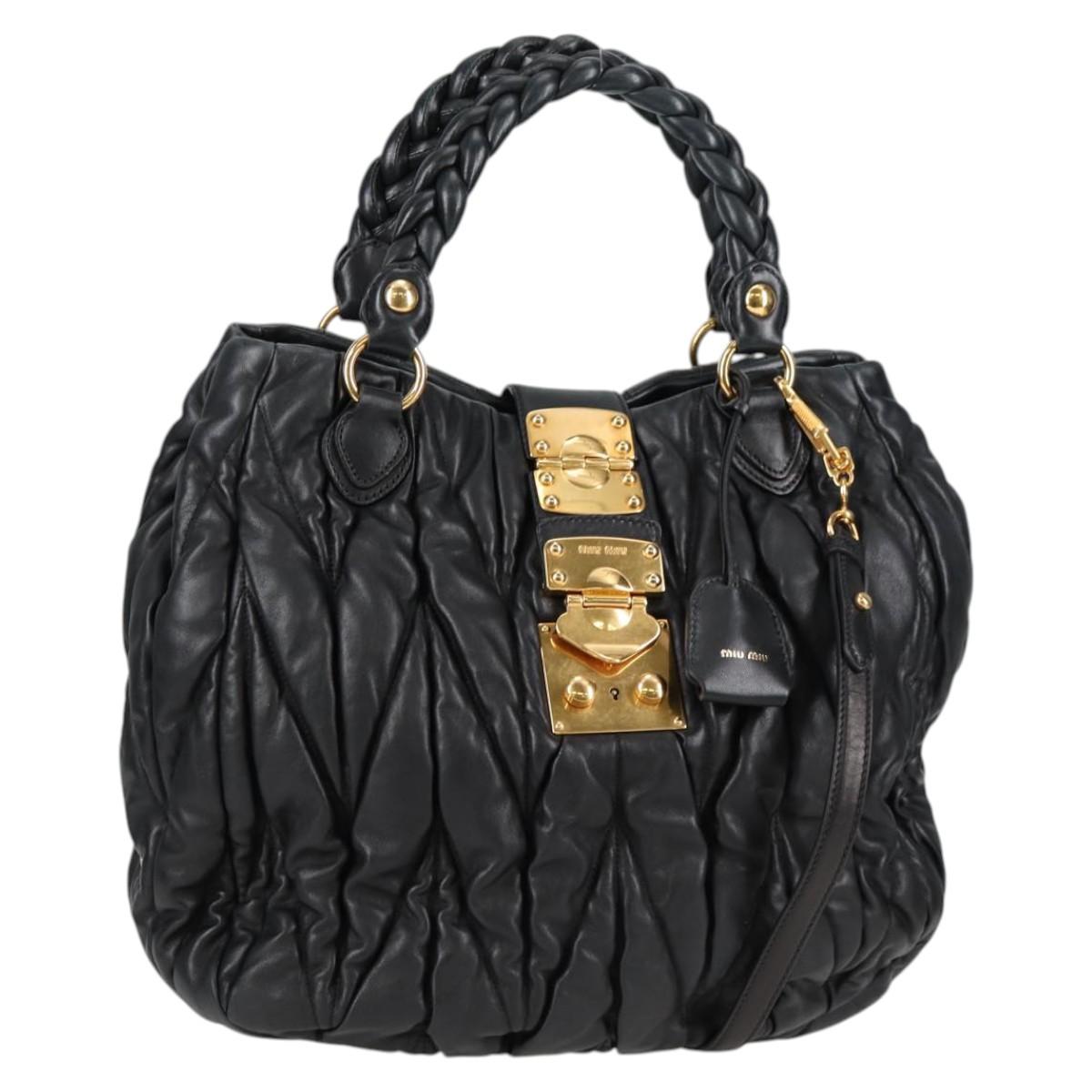 Miu Miu Matelasse Hand Bag Leather Black Gold Auth 137930A