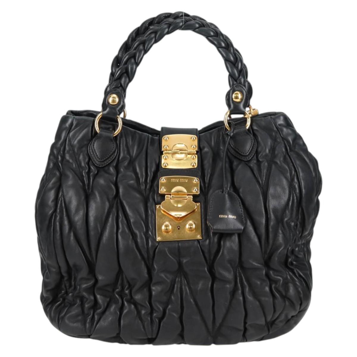 Miu Miu Matelasse Hand Bag Leather Black Gold Auth 137930A