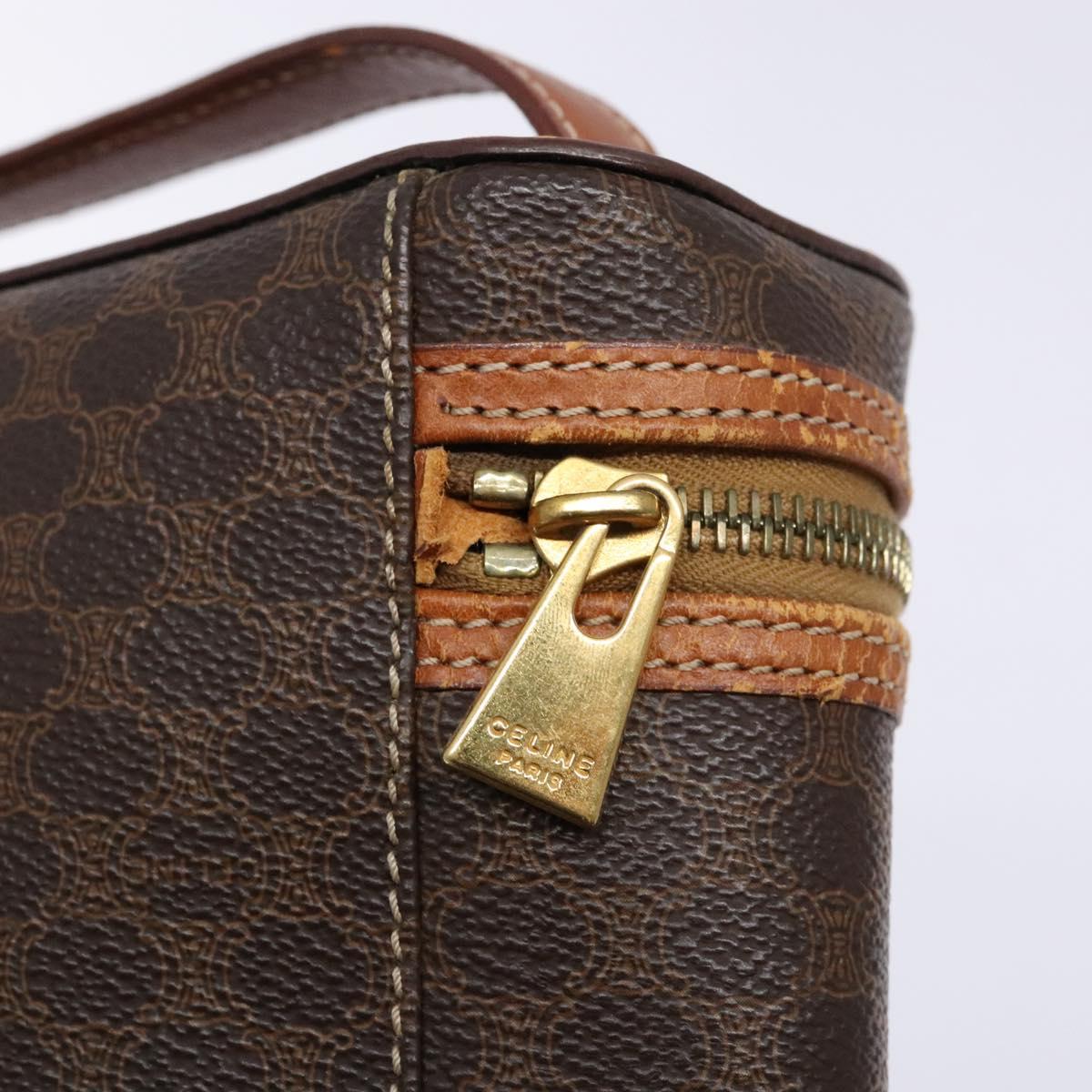 CELINE Macadam Canvas Vanity Pouch PVC Leather Brown Gold Auth 137943