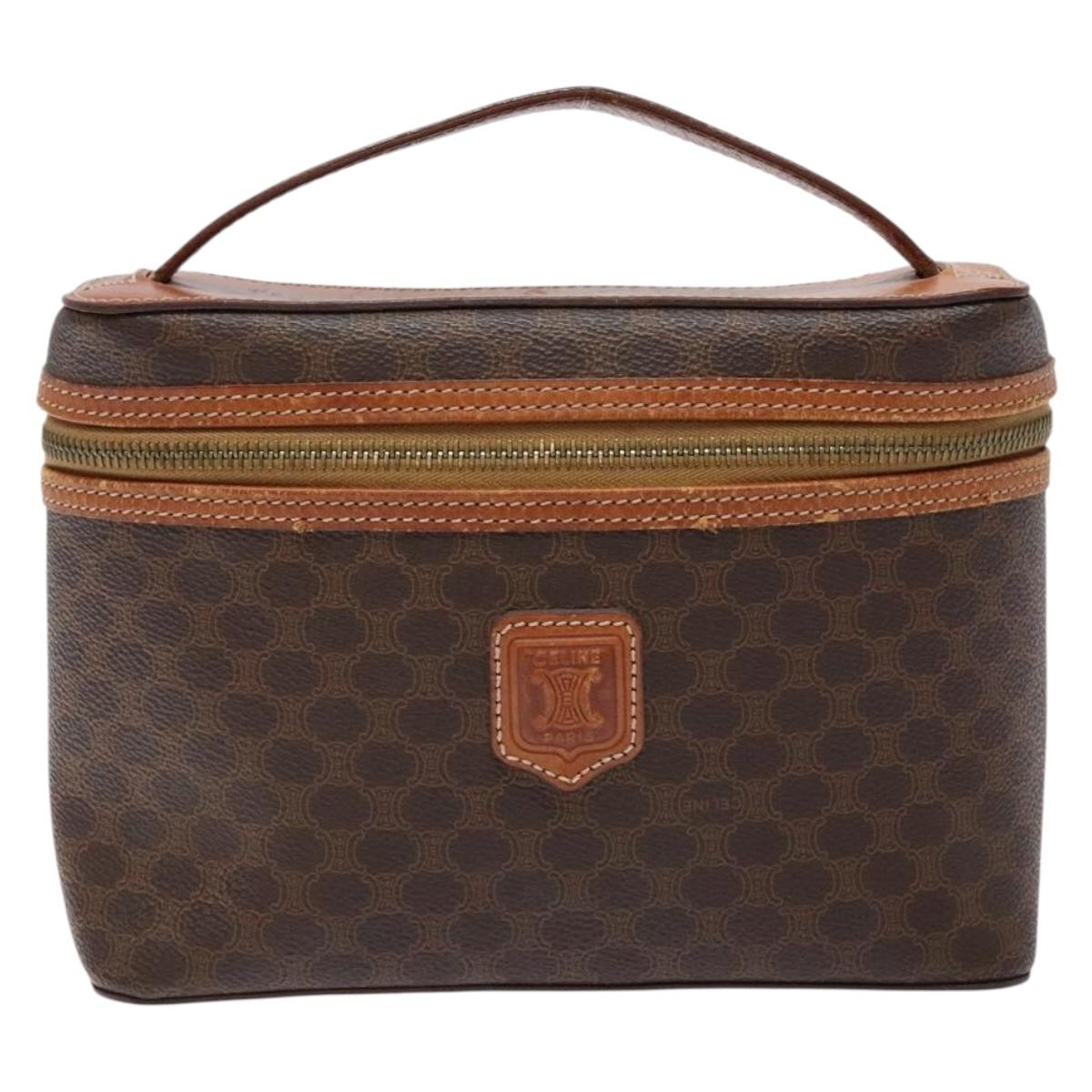 CELINE Macadam Canvas Vanity Pouch PVC Leather Brown Gold Auth 137943