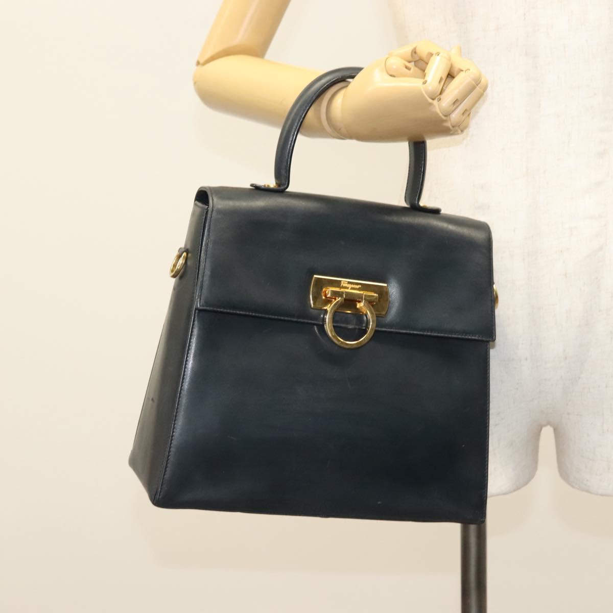 Salvatore Ferragamo Gancini Hand Bag Leather Navy Gold Auth 137969