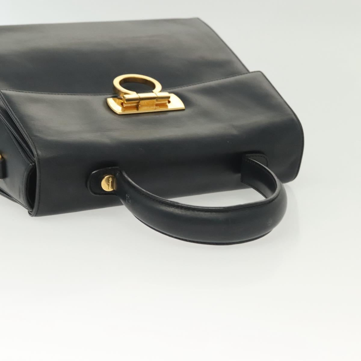 Salvatore Ferragamo Gancini Hand Bag Leather Navy Gold Auth 137969