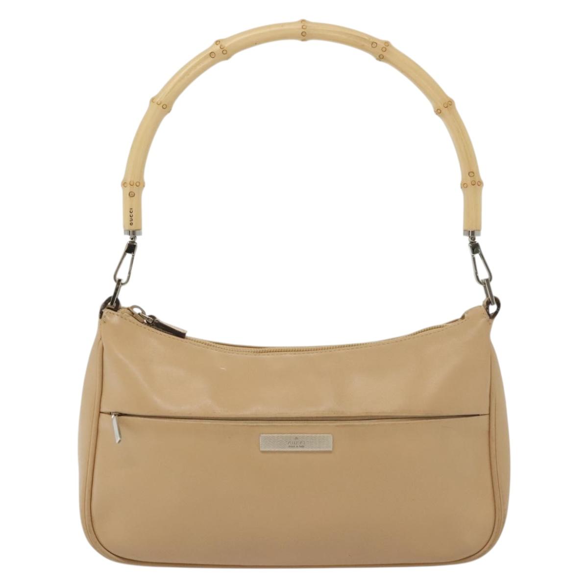 GUCCI Bamboo Shoulder Bag Leather Beige Silver 001 3865 Auth 137980