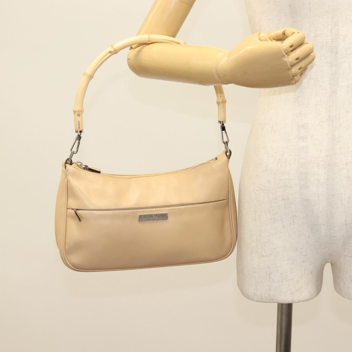 GUCCI Bamboo Shoulder Bag Leather Beige Silver 001 3865 Auth 137980