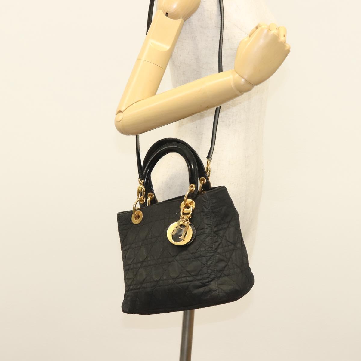 Christian Dior Canage Hand Bag Nylon 2way Black Gold Auth 137985