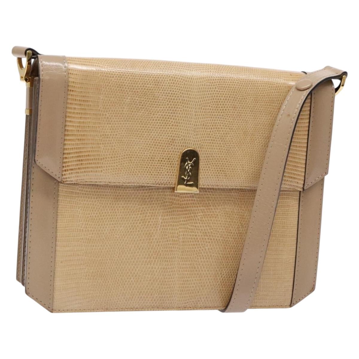 SAINT LAURENT Embossing Shoulder Bag Leather Beige Gold Auth 137993