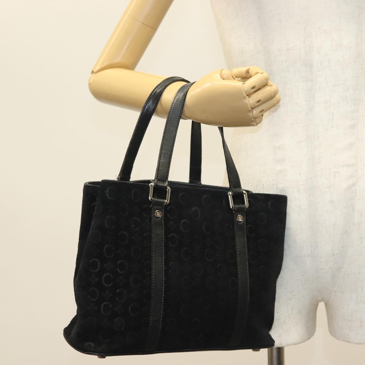 CELINE C Macadam Canvas Hand Bag Suede Black Silver Auth 138004