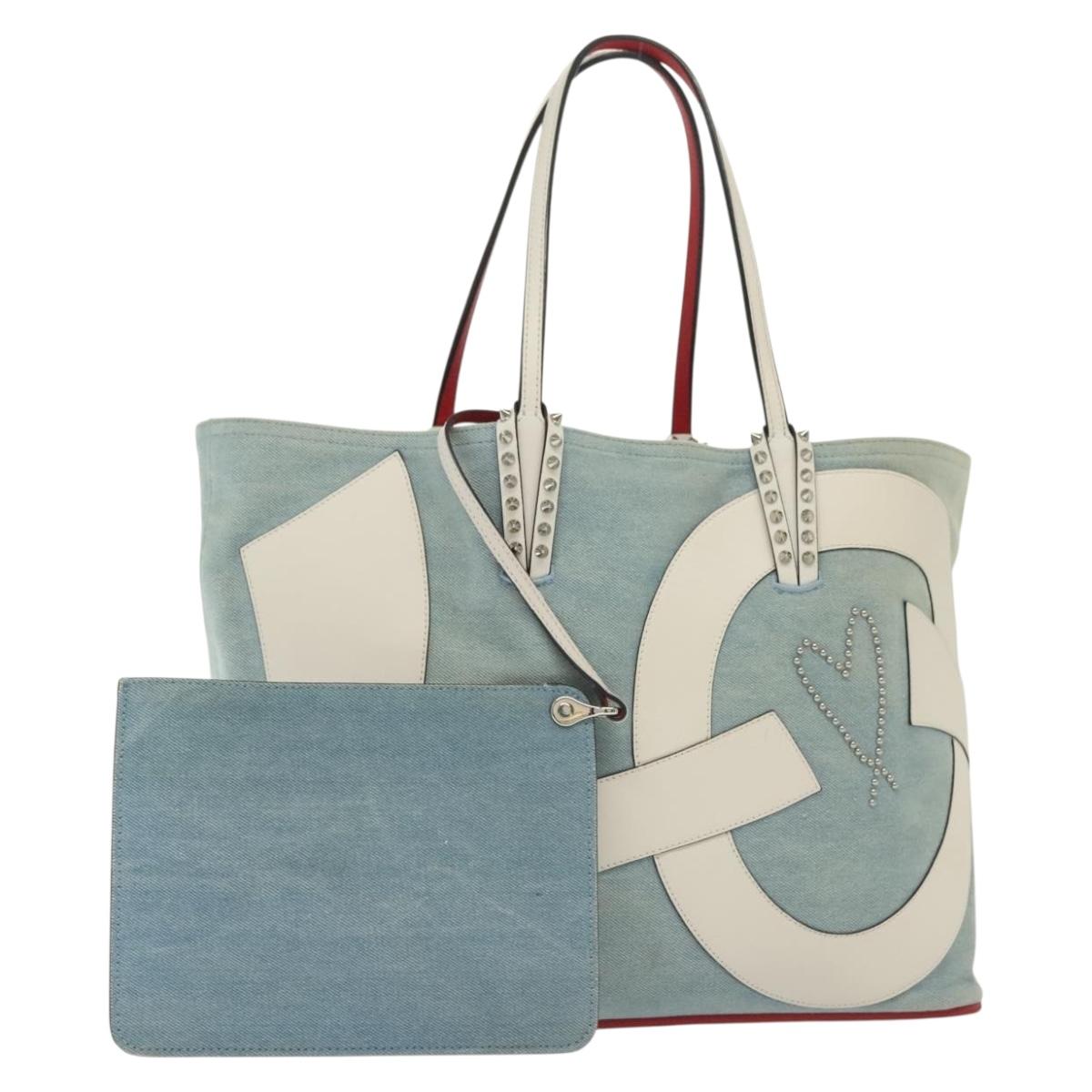 Christian Louboutin Studs Cabata Tote Bag Denim Light Blue Silver Auth 138019