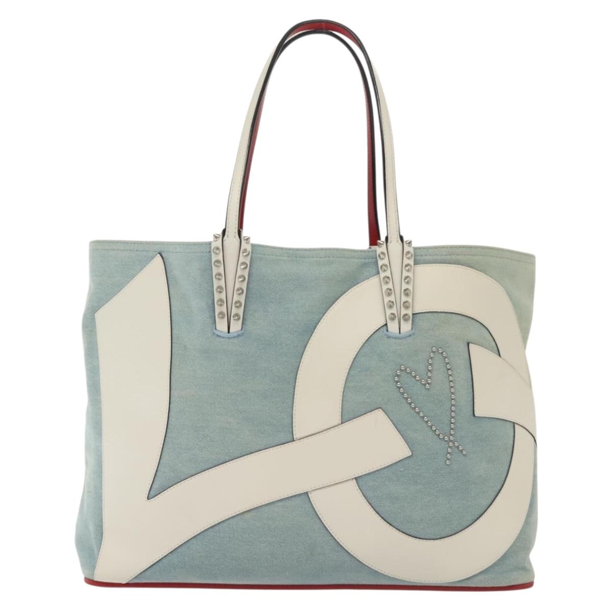 Christian Louboutin Studs Cabata Tote Bag Denim Light Blue Silver Auth 138019