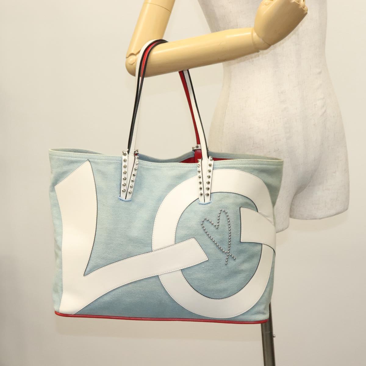Christian Louboutin Studs Cabata Tote Bag Denim Light Blue Silver Auth 138019