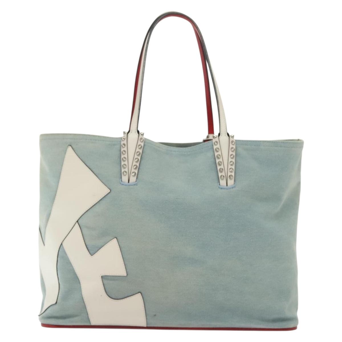 Christian Louboutin Studs Cabata Tote Bag Denim Light Blue Silver Auth 138019