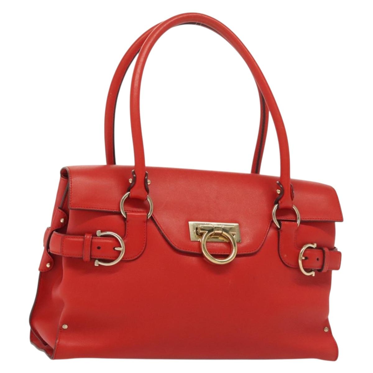 Salvatore Ferragamo Gancini Hand Bag Leather Red Gold Auth 138030