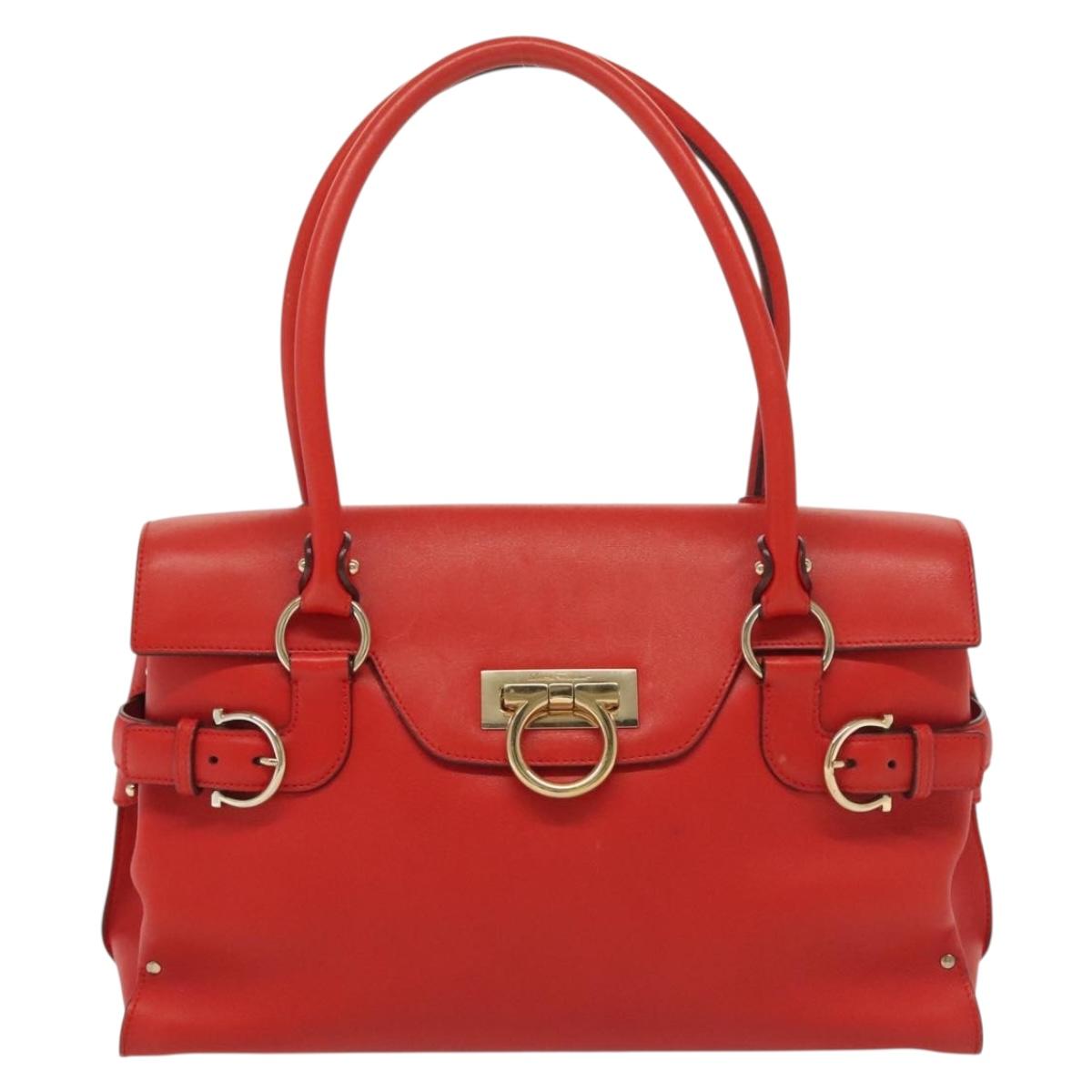 Salvatore Ferragamo Gancini Hand Bag Leather Red Gold Auth 138030