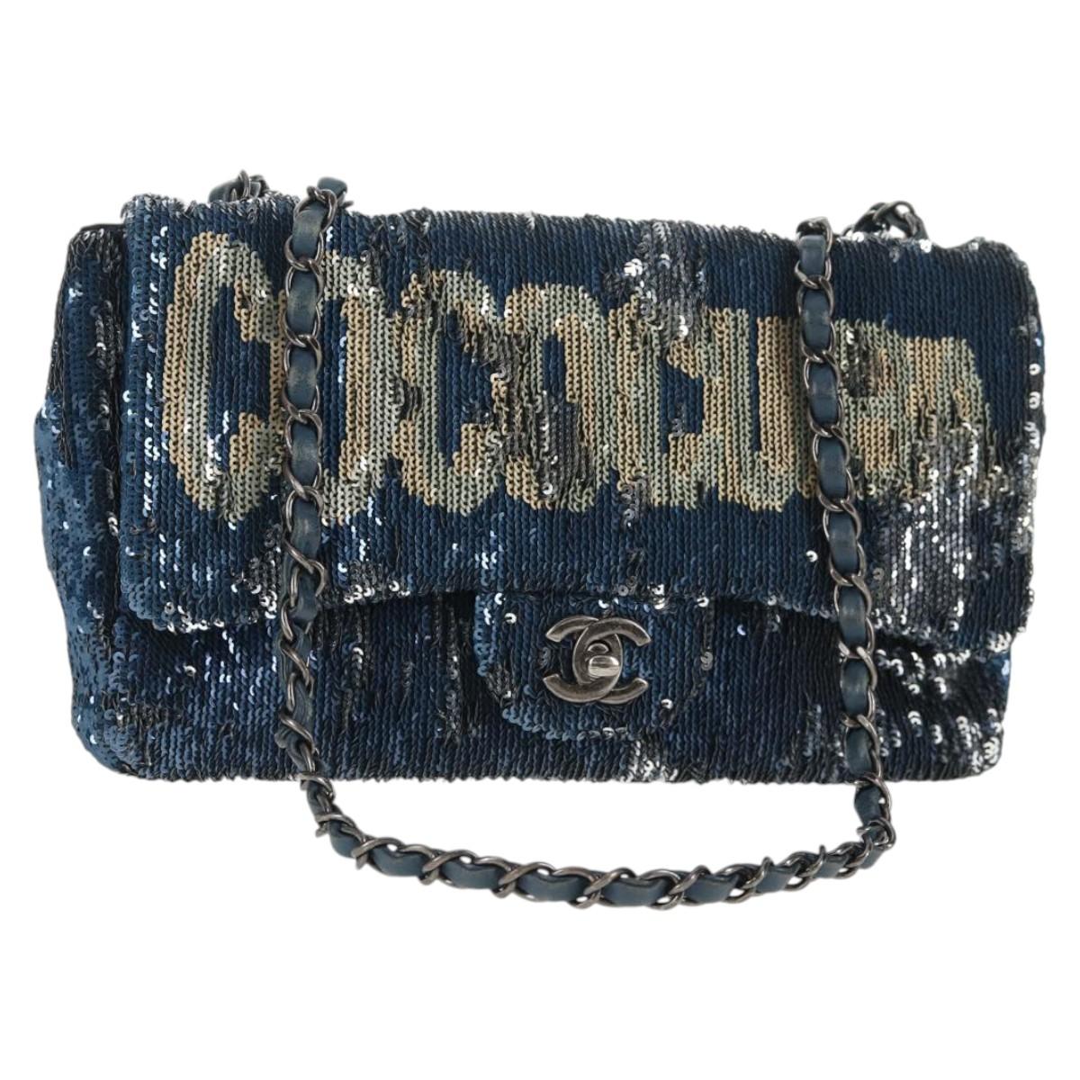 CHANEL Shoulder Bag Sequin Blue Silver CC Auth 138088SM