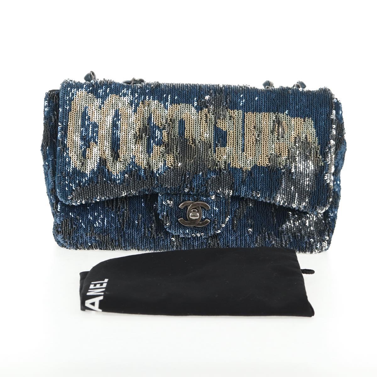 CHANEL Shoulder Bag Sequin Blue Silver CC Auth 138088SM