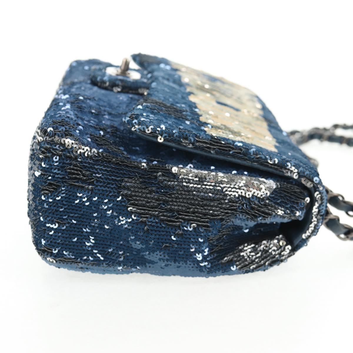 CHANEL Shoulder Bag Sequin Blue Silver CC Auth 138088SM