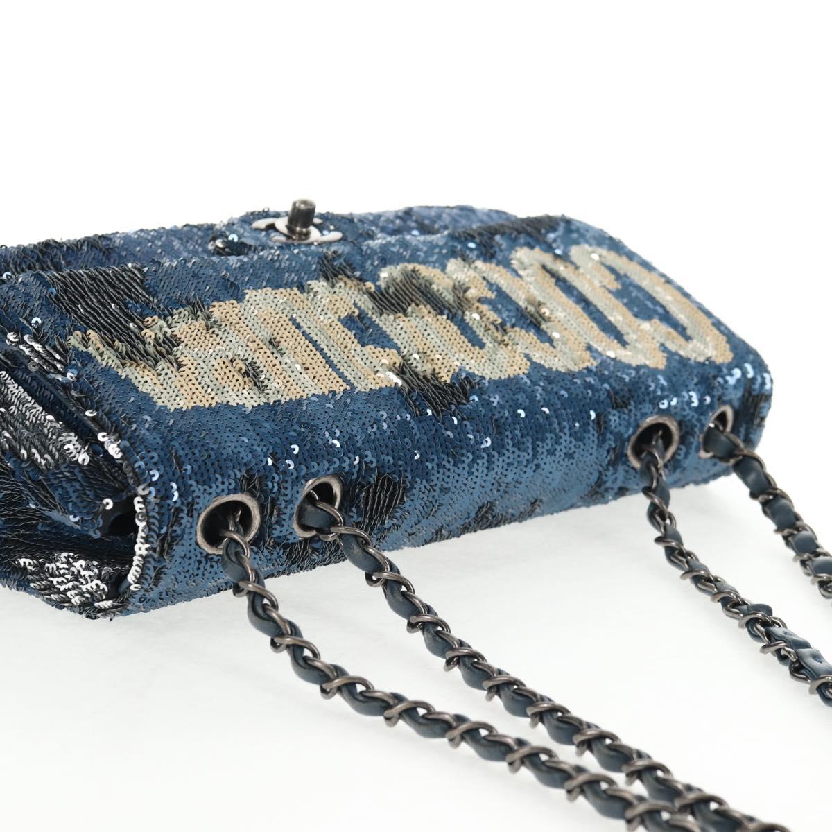 CHANEL Shoulder Bag Sequin Blue Silver CC Auth 138088SM