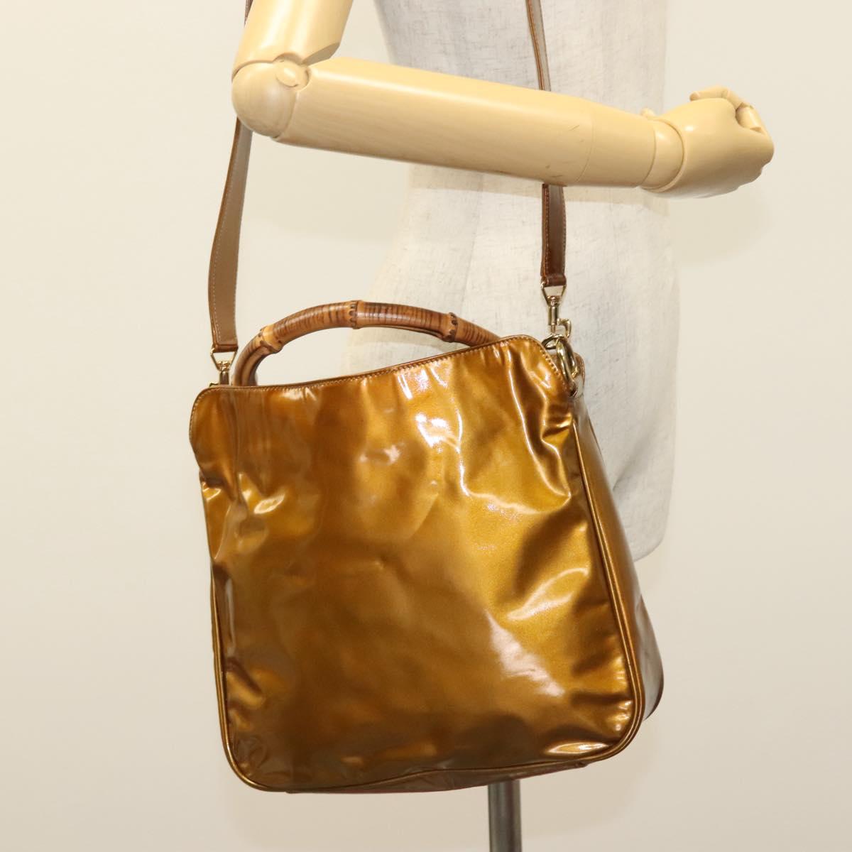 GUCCI Bamboo Hand Bag Patent Leather 2way Gold 001 1705 1638 Auth 138119