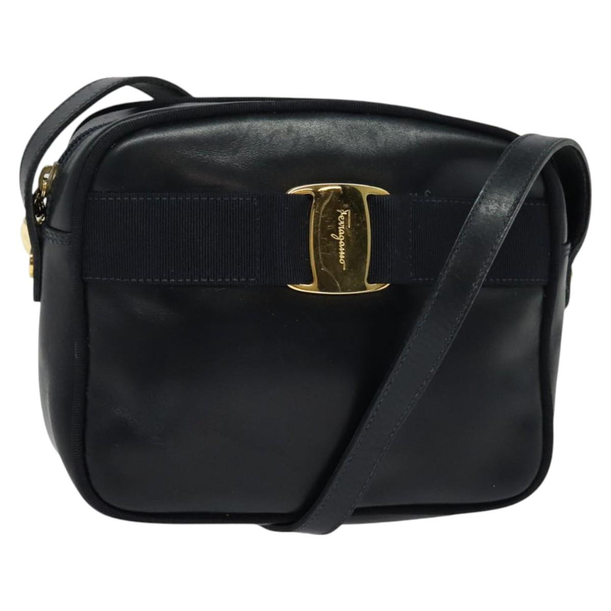 Salvatore Ferragamo Vala Shoulder Bag Leather Navy Gold Auth 138120