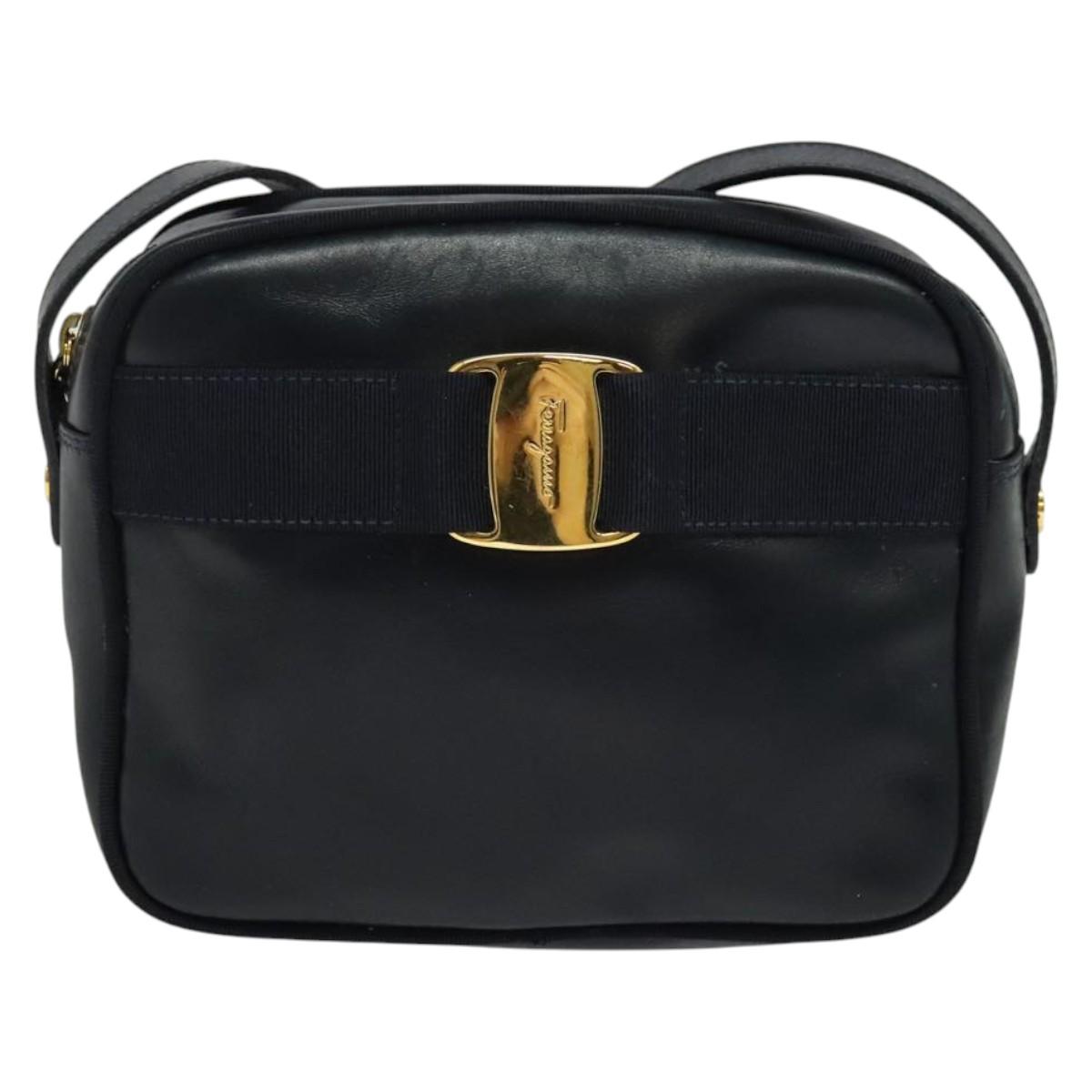 Salvatore Ferragamo Vala Shoulder Bag Leather Navy Gold Auth 138120