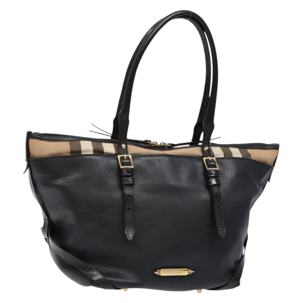 BURBERRY Nova Check Tote Bag Leather Beige Gold Auth 138125