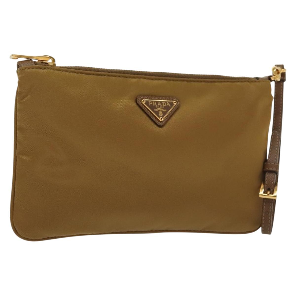 PRADA Clutch Bag Nylon Beige Gold Auth 138126